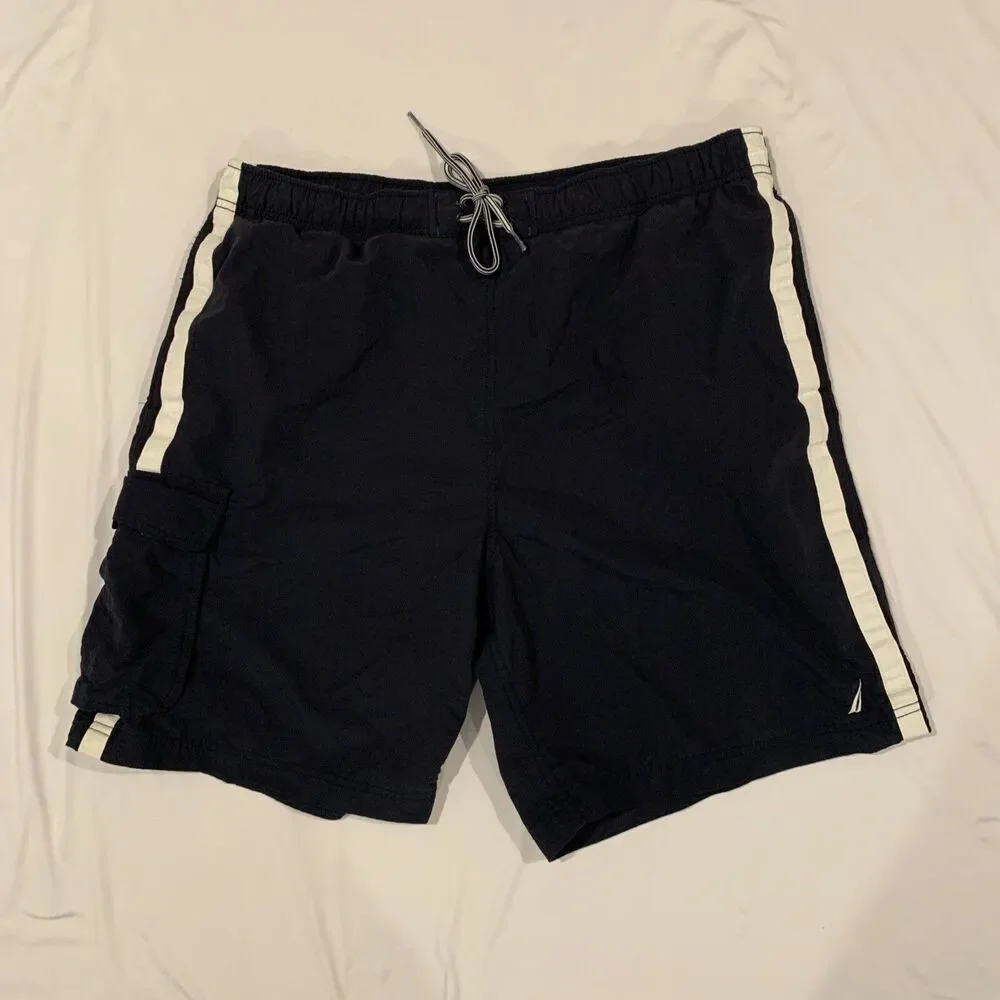 VTG Mens - NAUTICA - Swim Trunks Board Shorts Navy White Sz L Large Mesh Brief